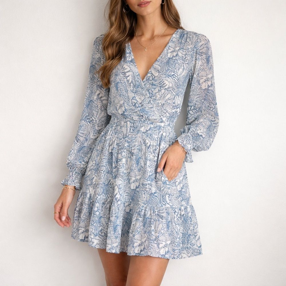 Parker Silk Mini Dress Blue & White Print | Long Sleeve | Size M